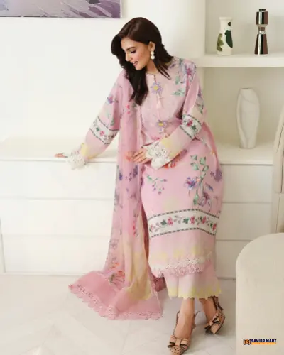 Pink Veil - Unstitch Pakistani Lawn Dress by ROHEENAZ