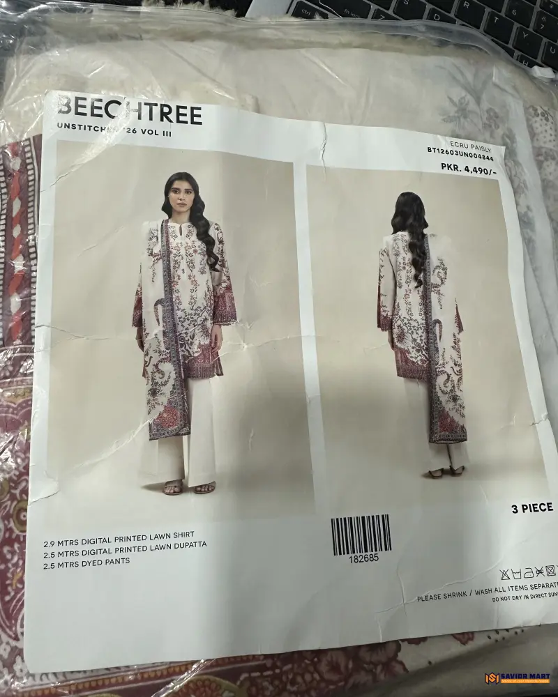 BeechTree ECRU PAISLY 3 Piece Lawn Suit | Unstitched Pakistani Dress