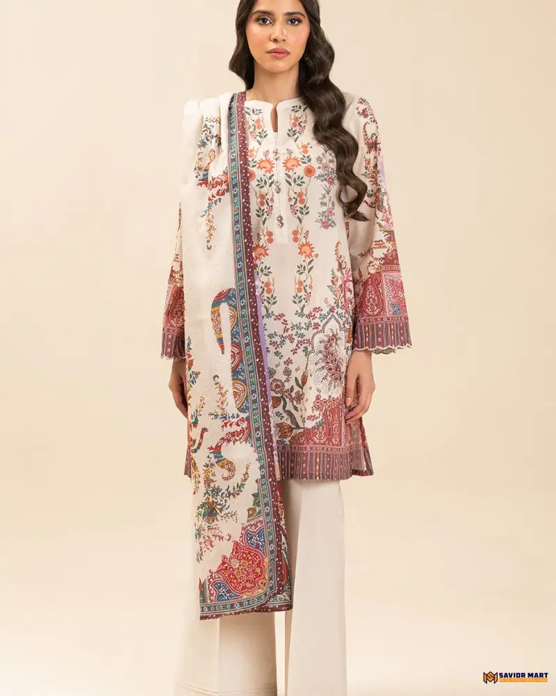 BeechTree ECRU PAISLY 3 Piece Lawn Suit | Unstitched Pakistani Dress